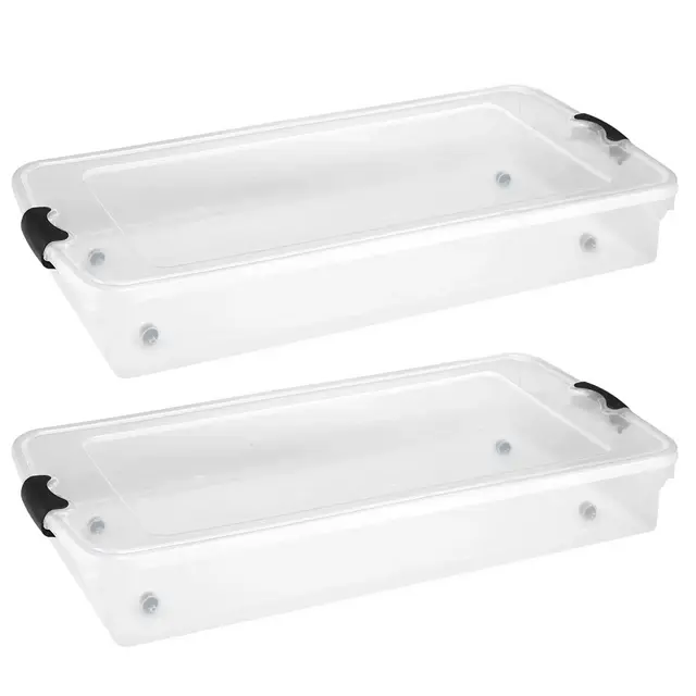 HOMZ 60 Quart Multipurpose Slim Under Bed Storage Container Bins w/Secure Latch Lid & Wheels for Underbed, Home or Office Organization, 2-Pack, Clear