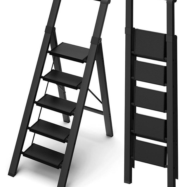 BEFITMACE 5 Step Ladder, Lightweight Folding Step Stool withConvenient Handgrip,Aluminum 330lbs Capacity Step Ladderfor Office,Household,Kitchen(Black)