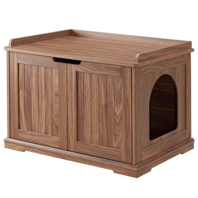unipaws Designer Cat Washroom Storage Bench, Litter Box Cover with Sturdy Wooden Structure, Spacious Storage, Easy Assembly, Fit Most of Litter Box (Walnut)