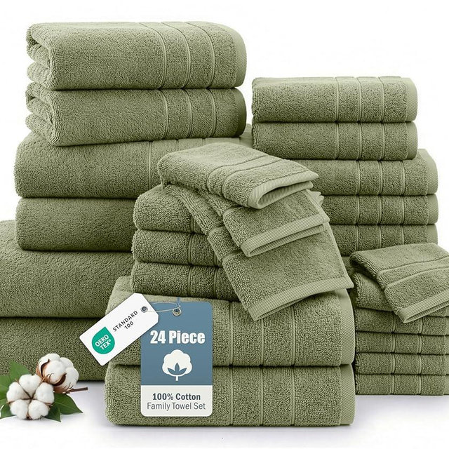 24-Piece Luxury Bathroom Towel Sets – 100% Cotton Bath Towel, 2 Bath Sheets, 2 Gym Towel, 2 Bath, 4 Fingertip, 6 Hand, 8 Washcloths, Highly Absorbent, Ideal for Spa, Hotel & Everyday Use – Oil Green