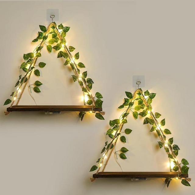 JOPSTDI Floating Shelves,Plant Wall Decor,Wall Shelf,No Drill Shelves,Decorative Leaves and Light Strip,Set of 2 Plant Shelf Wall,Christmas Day for Decorating Room(Green Leaf)