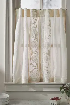 Embroidered Manette Cotton Linen Sheer Cafe Curtains, Set of 2