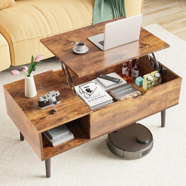 Sweetcrispy Lift Top Coffee Tables for Living Room, Small Rising Wooden Dining Center Tables with Storage Shelf and Hidden Compartment, Rustic Brown