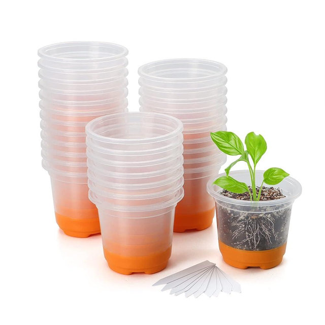 MIXC 30 Packs 4" Reinforced Clear Nursery Plant Pots with Silicone Base for Easy Transplant, Transparent Plastic, Reusable Seedling Pots Seed Starter Flower Pots with 10pcs Plant Labels, Orange