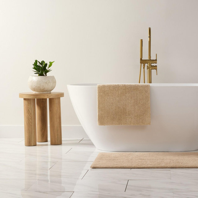 Reversible Solid Cotton Bath Mat,Thick Absorbent Luxury Bath Rug, Washable Spa-Inspired Large Hotel Bath Mat - Becky Cameron , Tan, 24" x 17"