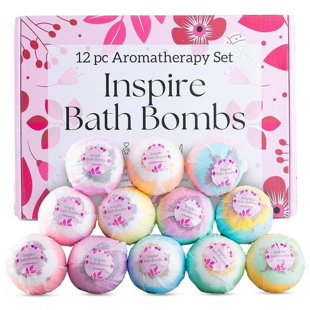 Inspire All Natural Bath Bombs Organic - 12 Large Bath Bombs with Flowers, Luxury Scented Bath Bombs for Women, Women's Bath Bomb Gift, Fizzy Bath Bombs Set, Relaxing Bath Bombs, Bath Ball Flower Bomb