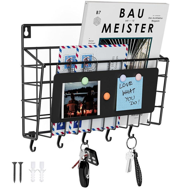 Baeymonkay Classic Wrought Iron Grid Style Key Holder Wall Mount, Easy Assembly and Installation, Matte Black Finish, Extra Large Storage Space for Mail, Features 5 Adjustable and Removable Hooks