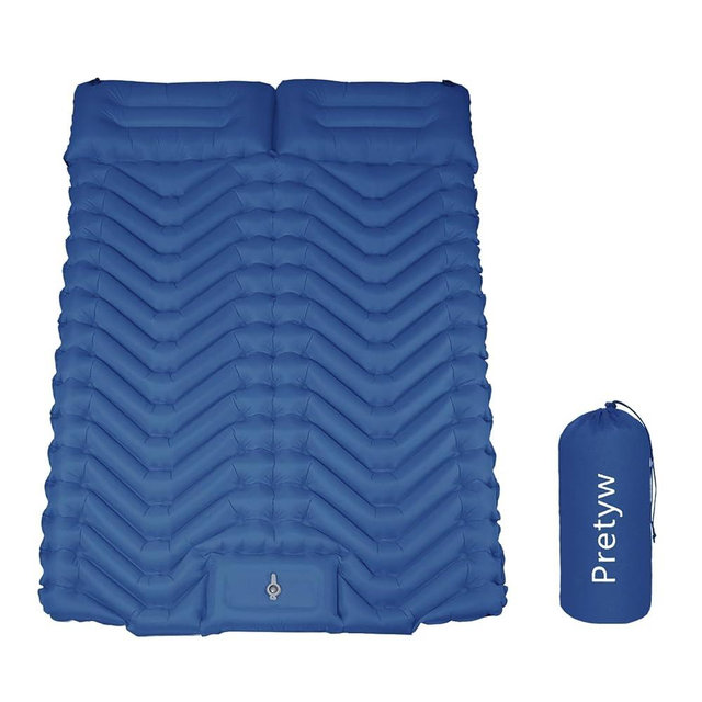 Pretyw Double Sleeping Pad for Camping, Ultralight Camping Mattress with Pillow, Built-in Foot Pump, Thick Self-Inflatable 2-Person Portable Camping Mat for Backpacking Hiking Car Traveling Beach Tent