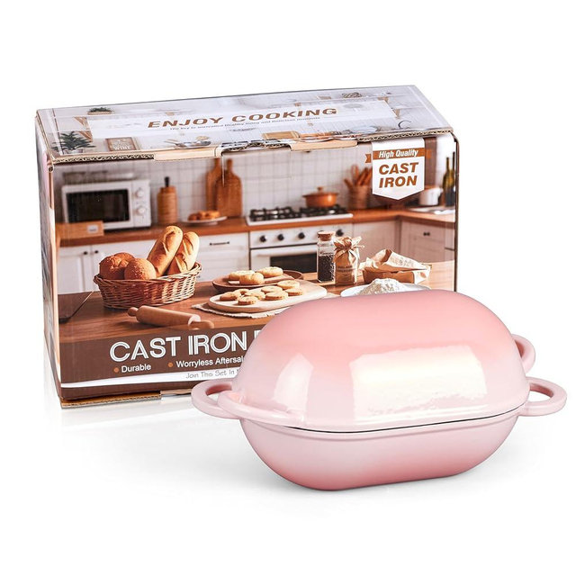 2-In-1 Enamel Loaf Pan with Lid, HaSteeL Small 2.8 QT Cast Iron Dutch Oven for Homemade Bread Sourdough Cake Meatloaf Baking, Pink