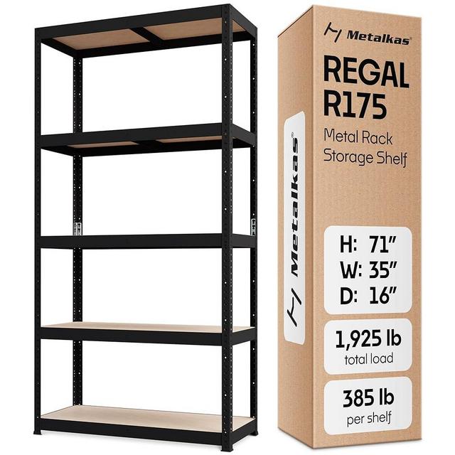 Metalkas Storage Shelves: 5 Storage Shelves Heavy Duty w/ 1.925 lb Total Load Capacity, 385 per Storage Shelf, 71x35x16 | Adjustable Shelving Unit, Robust Garage Shelving, Extra Long Steel Profiles