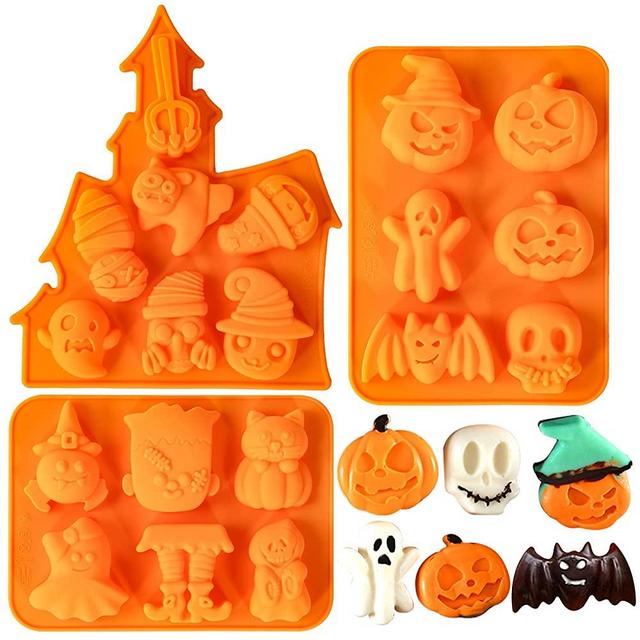 Homyplaza 3PCS Halloween Silicone Baking Molds, Nonstick Silicone Ghost Pumpkin Cake Molds, Cookies Molds DIY Halloween Bat, Skull and Chocolate Fondant Baking Moulds Set for Kitchen Baking Tools