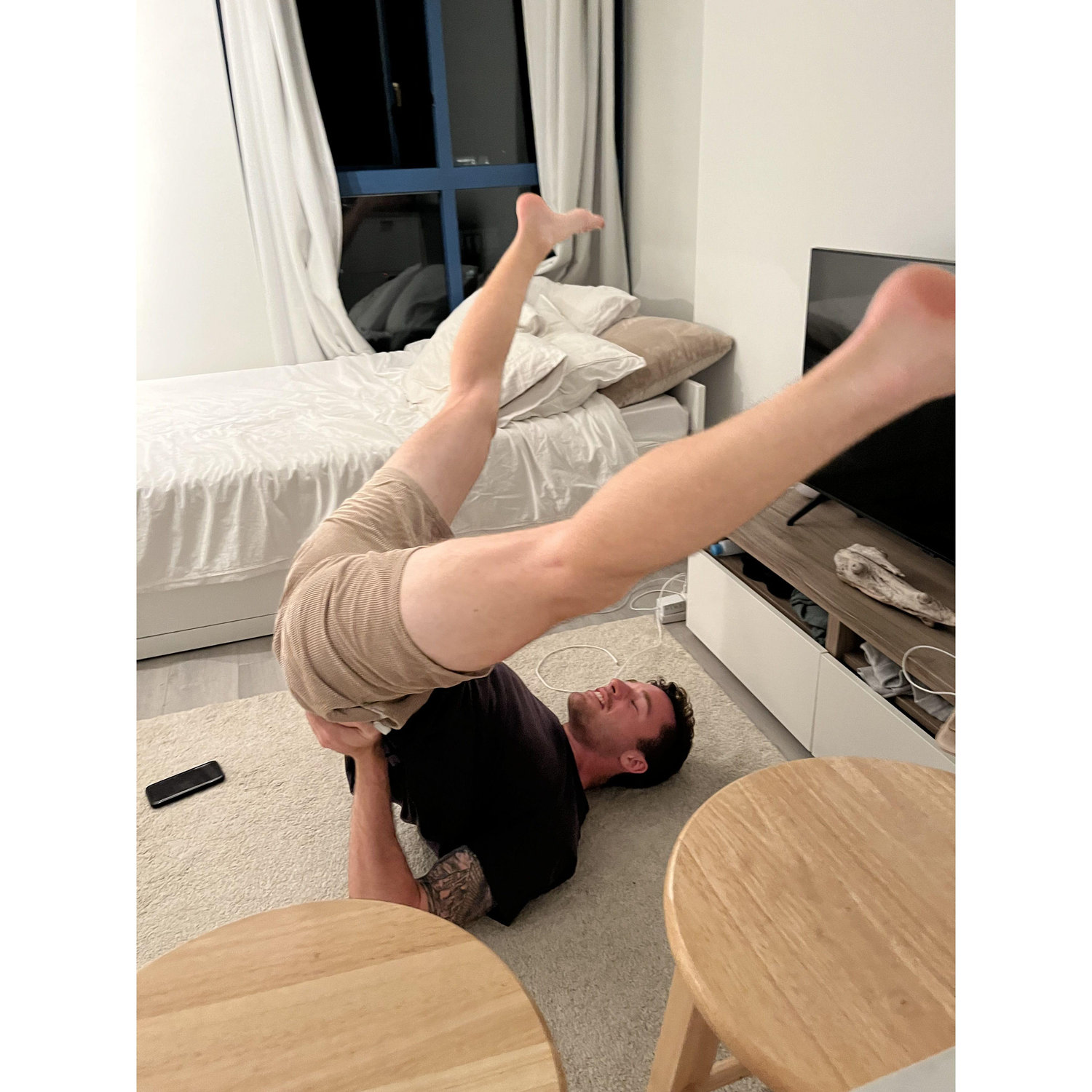 Impressing Jina with my flexibility