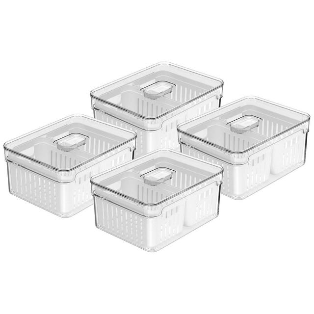 OU Clear Fridge Organizer Set, 4 Pack Stackable Produce Bins with Dual Removable Basket Drainers, BPA Free Fridge Storage for Fruits & Veggies, 74.3oz