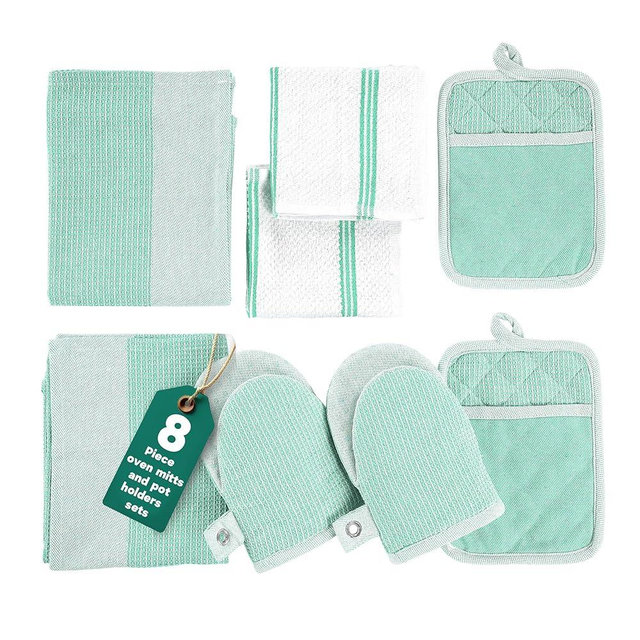 Casa Platino Potholders & Oven Mitts Heat Resistant, 8-Piece Mini Oven Mitts with Silicone Grip, Potholders for Kitchens, 2 Kitchen Towels & 2 Dish Cloths – Durable & Non-Slip – Sage