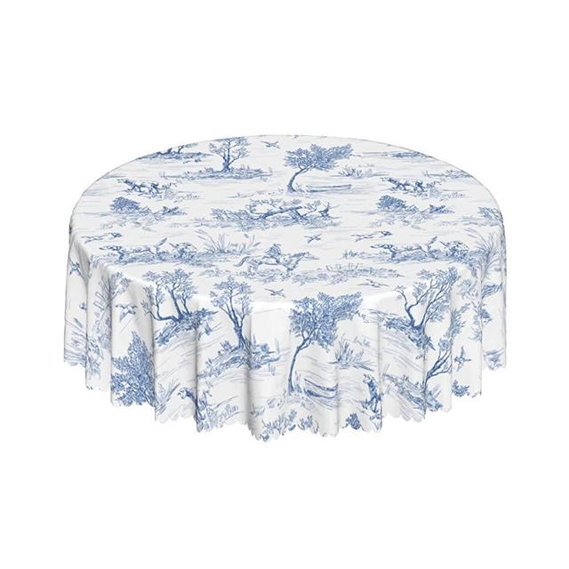 Blue and White Rustic Round Tablecloth 60 Inch, French Village Printed Table Cloth Stain Resistant Waterproof Spill Proof Polyester Table Cover Farmhouse Decoration for Kitchen Dining Picnic