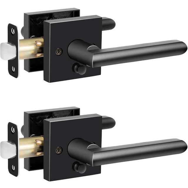 HOSOM 2 Pack Black Door Handle Interior Passage Door Lever for Hall and Closet Heavy Duty Reversible Door Handles Knob with Square Plate Left or Right Handing No Locking Matte Black