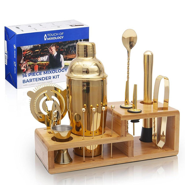 Touch of Mixology Bartender Kit with Cocktail Shaker, Stylish Bamboo Stand, Liquor Pourers for an Perfect Drink Mixing Experience - 14 Piece Barware Essentials Cocktail Shaker Set (Gold)