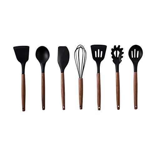 CIROA 7 Piece Utensil Set | Black Silicone with Walnut Timber Handles Turner Spoon Spaghetti Whisk Spatula