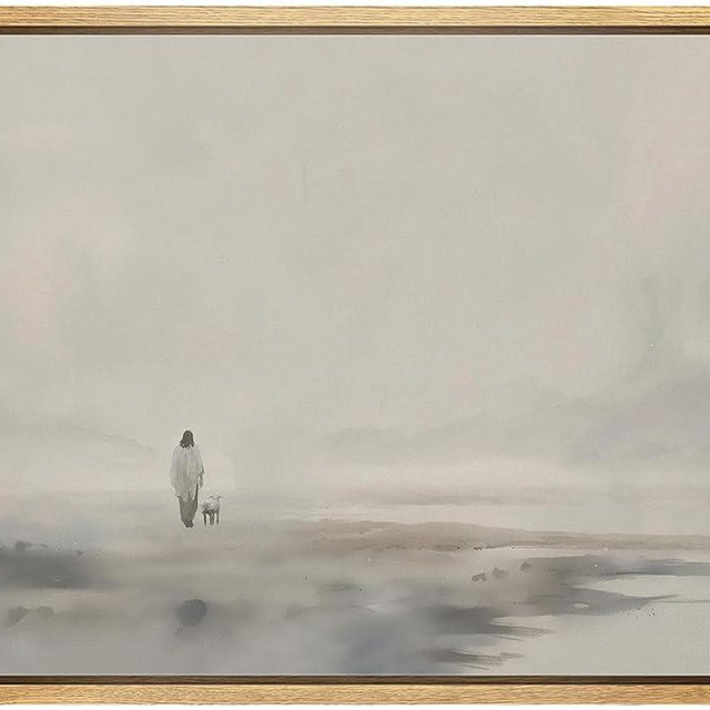 MUDECOR Framed Canvas Print Wall Art Solitary Figure in Mist Ethereal Monochrome Landscape Illustrations Fine Art Decorative Zen Multicolor Country/Farmhouse Retro for Bedroom - 24"x36" Natural