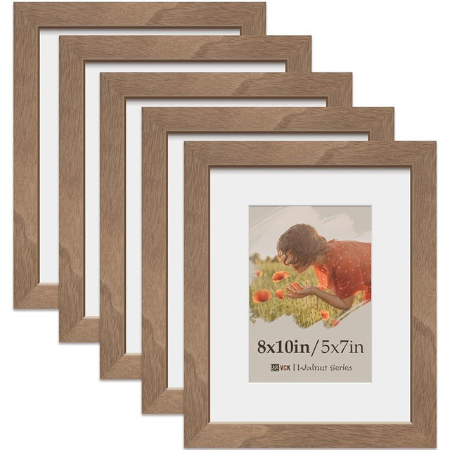 VCK 8x10 Picture Frame 5 Pack, Natural Wood Grain Brown Walnut & HD Glass, Display 5x7 Photos with Mat or 8x10 without Mat, Tabletop or Wall Hanging