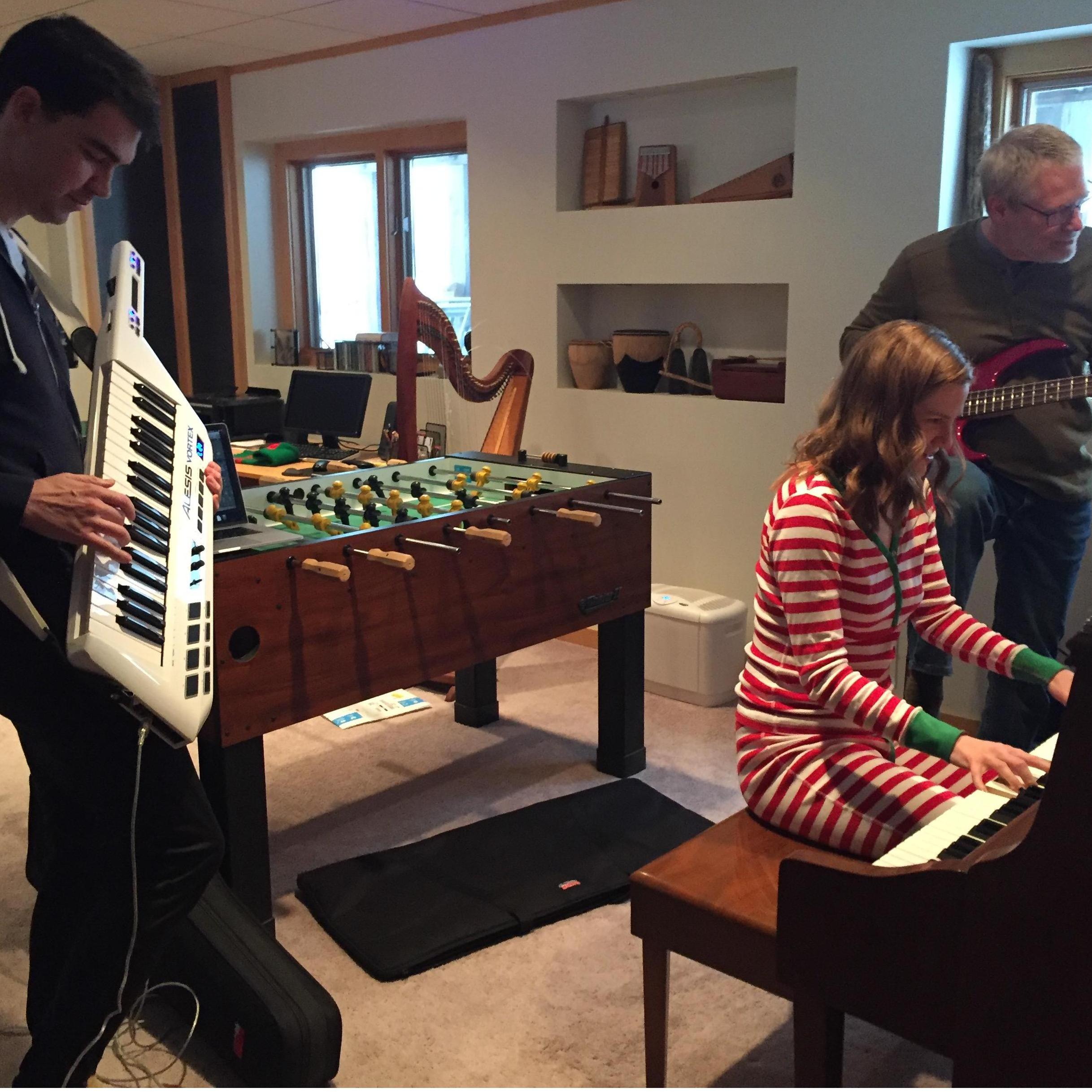 Get this. Sean wrote a bass part to my favorite piano piece "The Stranger" and taught it to my dad. Add some strings on the Keytar and you have a song ready for Carnegie Hall.