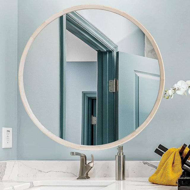 30 Inch Round Natural Wood Mirror, Large Wall Circle Frame for Bathroom, Nursery Decor