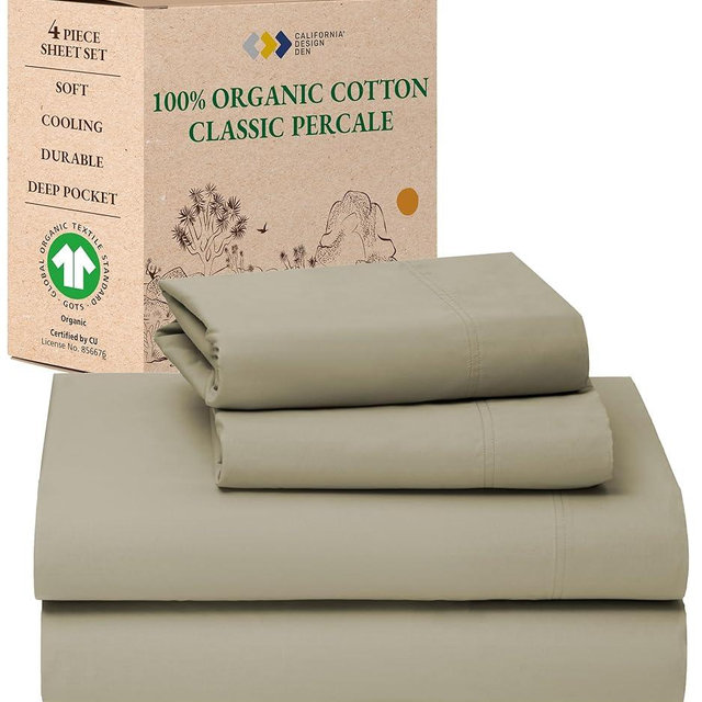 California Design Den 100% Organic Cotton Sheets Queen Size Bed Set with Deep Pockets - Soft and Crisp Percale, GOTS Certified, Cooling Organic Queen Sheet Set - Warm Taupe