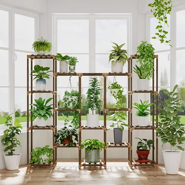 Bamworld Large Plant Stand Indoor Tall Plant Shelf Outdoor Hanging Plant Stand 14 Pots Large Plant Rack for Living Room Patio, Balcony and Garden
