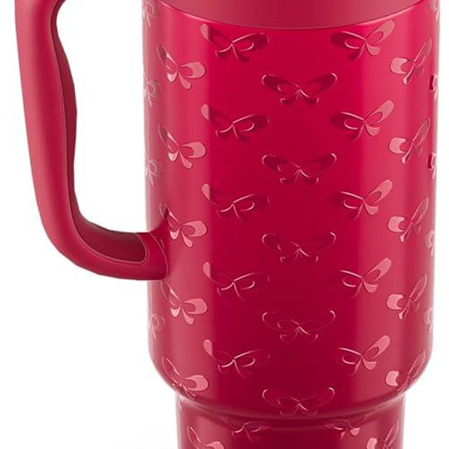 Coquella 40 oz Insulated Tumbler with Handle and Push-Button Straw Lid, Stainless Steel Travel Cup for Gym Office, Leakproof, BPA-Free, Cup Holder Friendly, Bow Silicone Boot, Red (Coquette Cherry)