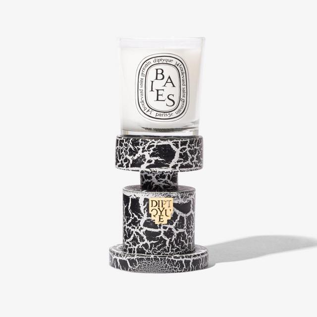BLACK/WHITE TURNED WOOD CANDLE HOLDER SMALL MODEL
