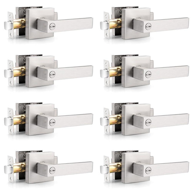 Probrico Interior Brushed Nickel Door Handle, Heavy Duty, Flat Square Privacy Door Handles, Keyless Door Levers Lockset for Bedroom and Bathroom (8 Pack, Modern)