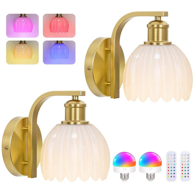 Rechargeable Battery Operated Wall Sconce Set of Two with Milky White Glass Lampshade, Wireless Wall Scone Decor with Remote Control, 15 Colors Gold Wall Light for Bedside Hallway Bedroom Doorway