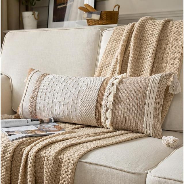 Caflife Boho Lumbar Throw Pillow Cover 14X36 Long Decorative Pillows for Bed, Brown Beige Woven Body Pillow Cover for Farmhouse Chair Sofa Bedroom Living Room Home Decor Couch Cushion Case, Pack of 1