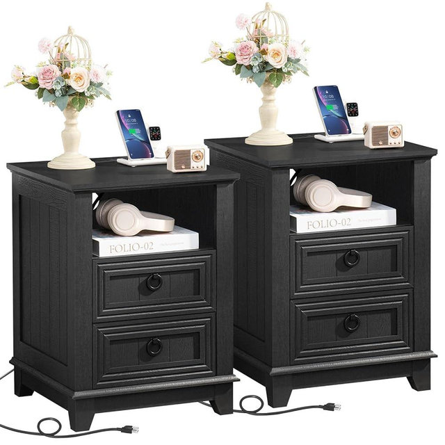 Joaxswe 18" Night Stands Set of 2 with Charging Station, Farmhouse 2 Drawers End Table Dresser for Bedroom, Black Wooden Nightstand, Bed Side Table with Open Shelf, Bedside Cabinet for Living Room