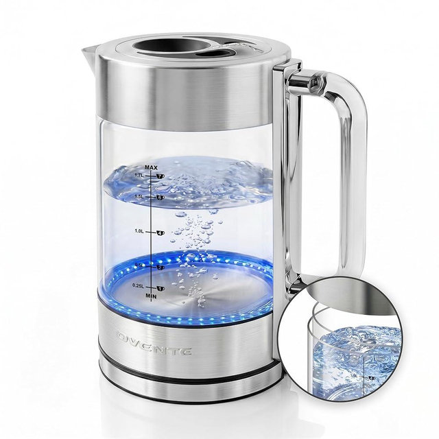 OVENTE Electric Kettle, 1.7L Double Wall Glass Tea Kettle with Stainless Steel Base, Acrylic Handle, 1500W Cordless Fast Boil Borosilicate Water Boiler, Easy Fill Lid & Auto Shut-Off, Silver KG912S