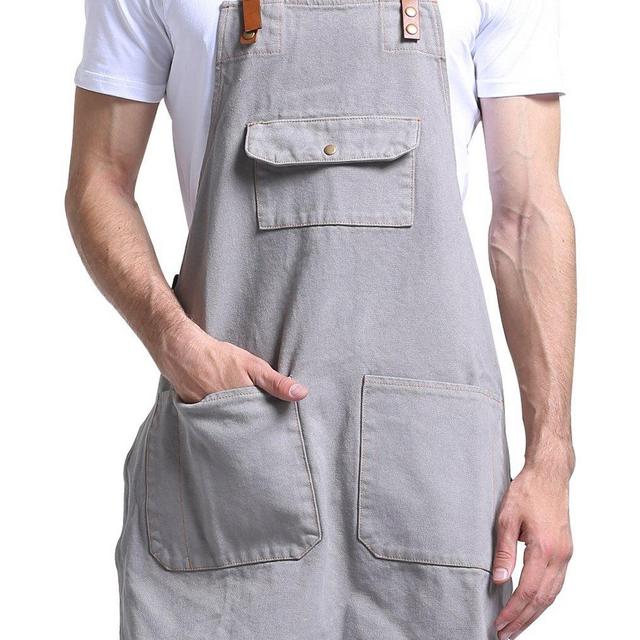 VANTOO Canvas Bib Apron with 3 Pockets- Artist Painting Home Shop Kitchen Cooking Commercial Restaurant Apron-Removal Leather Neck Strap and Waist Strap-for Women and Men-Perfect for Gifts,Grey