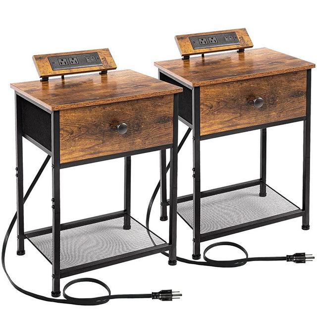 AMHANCIBLE Nightstands Set of 2, Small End Tables Living Room with Charging Station, Night Stands with USB Ports & Power Outlets, Slim Side Table with Storage Drawers for Bedroom (Rustic Brown)