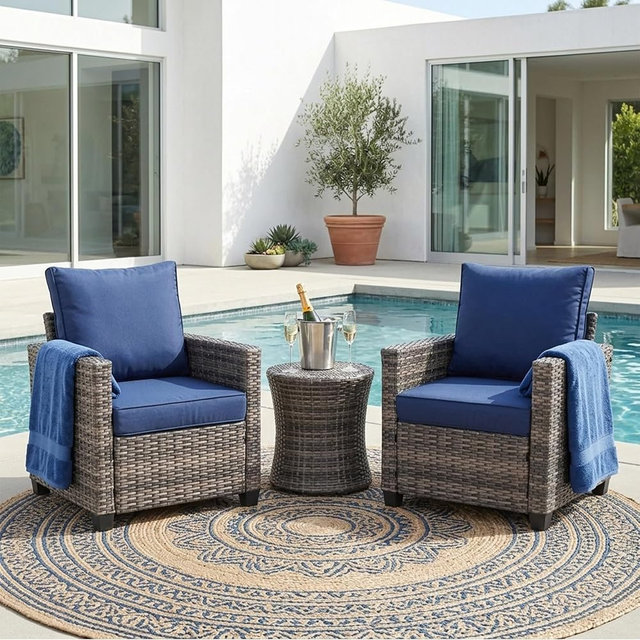Decksplore 2 Piece Outdoor Patio Sofa Chairs Set, Wicker Armchairs with 4.3" Thick Cushions & High Backrests, All-Weather Rattan Porch Chairs, Patio Furniture Set for Balcony, Deck,(Blue)