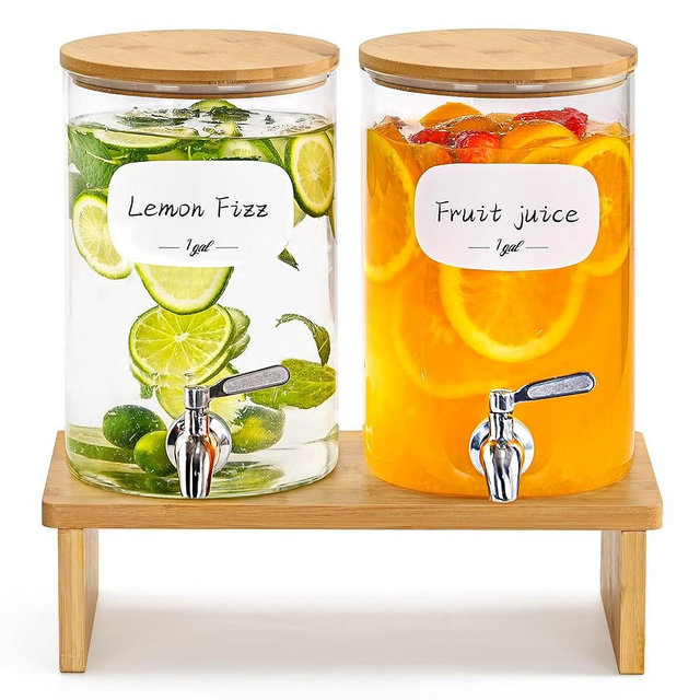 KitHero 1 Gallon Glass Drink Dispenser for Parties. 2 Pack Glass Beverage Dispenser with Bamboo Stand,18/8 Stainless Steel Spigot and Bamboo Lid, 8 Waterproof Labels.Usde as Lemonade,Iced& Hot Drinks.