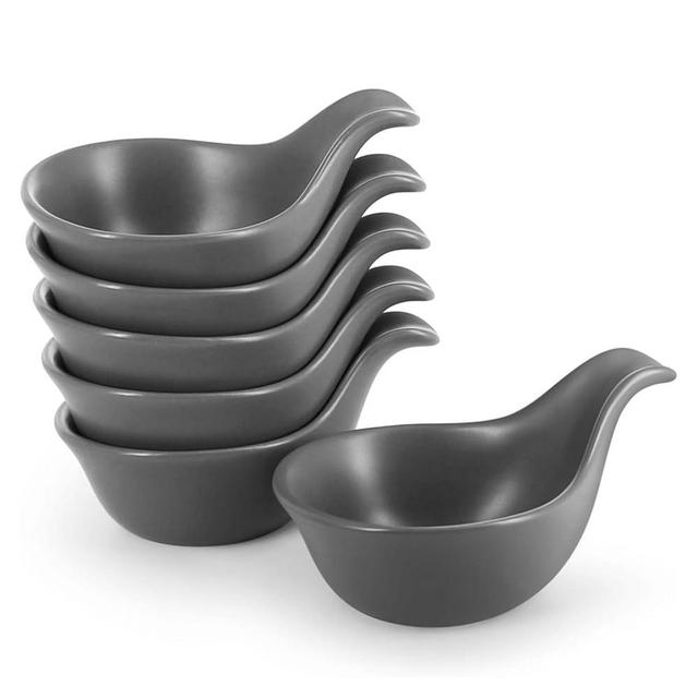 Flexzion Ceramic Dipping Bowls, Small Bowls for Dipping with Handle, Condiment Cups Soy Sauce Dish, Porcelain Ramekins, Sauce Holders, Containers for Small Side Dishes Dips - 3 oz, Set of 6, Gray