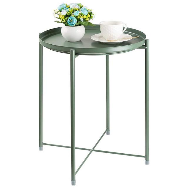 CERBIOR Tray End Table, Round Metal Tray Table Side Sofa Table Anti-Rust and Waterproof Outdoor & Indoor Snack Table Accent Coffee Table, Dark Green