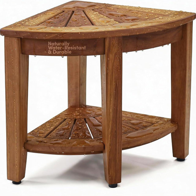 AquaTeak The Original 15.5" Fully Assembled Kai Corner Teak Shower Bench - Shower Stool with Storage Shelf for Bathroom - Durable Water Resistant Shower Chair - Shaving Foot Rest - Indoor & Outdoor