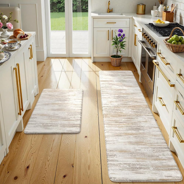 KIMODE Kitchen Anti Fatigue Mats, Farmhouse Abstract Kitchen Rugs Sets of 2, Memory Foam Kitchen Mats for Floor, Waterproof Non Skid Standing Mats for Sink Laundry Office Desk Brown 20"x71"+20"x32"