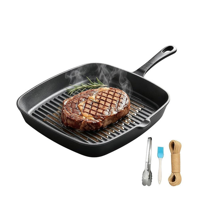Cast Iron Grill Pan, 9.5 inch Square Grill Pan Skillet with Pour Spout, Cast Iron Griddle Pan with Small Meat Tong, Oil Brush & Hemp Rope for Stove Tops, Gas, Induction, Grill, Campfire, Oven Safe