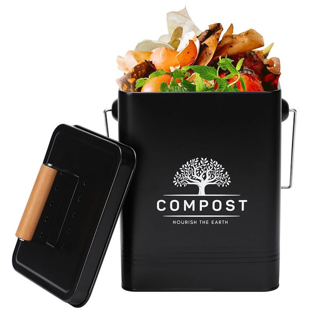 Perfnique Kitchen Compost Bin, 1.7 Gallon Countertop Compost Bin with Lid, Indoor Compost Bin Includes 2 Carbon Filters, Small Compost Bucket, Food Waste Bin for Kitchen with Trash Bags (Matte Black)
