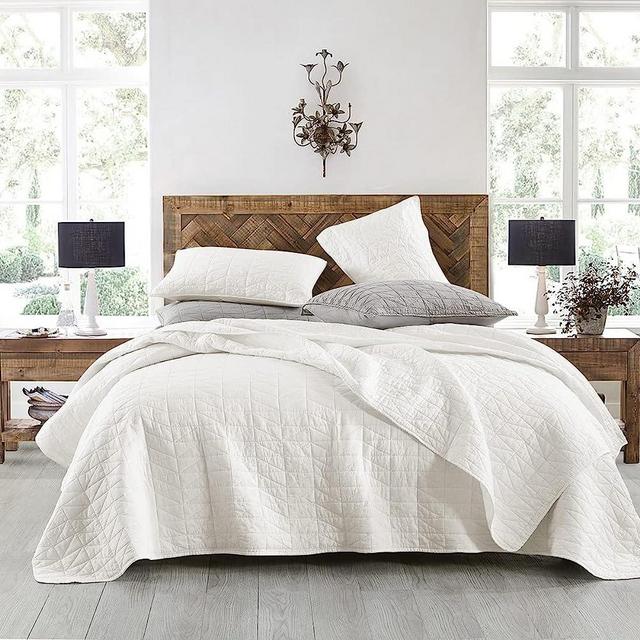 HORIMOTE HOME Quilt Set Queen Size, Stone-Washed Chic Rustic Cream White Quilt with Classic Triangle Stitched Pattern, Ultra Soft Lightweight Quilted Bedspread for All Season, 3 Pieces