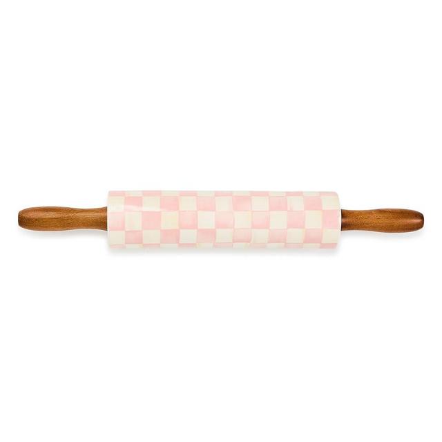 MACKENZIE-CHILDS Rolling Pin, Ceramic Decorative Roller Pin for Baking, Pink-and-White Rosy Check