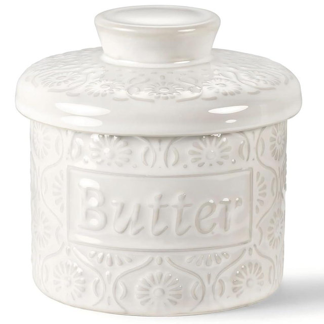 COPORISO Ceramic Butter Crock with Lid, French Butter Dish with Water Line for Countertop, Butter Keeper for Spreadable Butter, Container Holder for Kitchen and Home Decor, 6.7 OZ, Vintage White