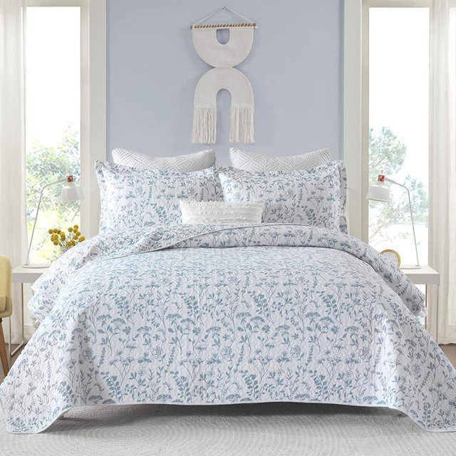 KALOOLA Floral Quilts Queen Size - 100% Cotton Blue Queen Quilt Set, Reversible Lightweight Bedspread Queen Size, Farmhouse Botanical Queen Quilt Bedding Set for All Season, 3 Pieces