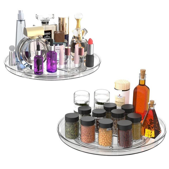 URALFA Lazy Susan Organizer for Cabinet 2 Pack, 10.6" Clear Lazy Susan Turntable Rotating Organizer, Plastic Organization and Storage Spinning Spice Rack for Kitchen, Bathroom, Pantry, Fridge, Table